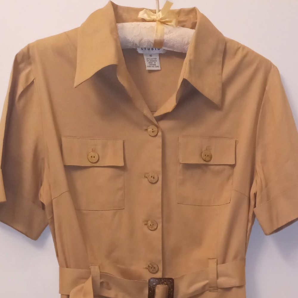 Women's Tan Safari Dress Size:10 and Embroidered Poka Shell Shoulder Bag